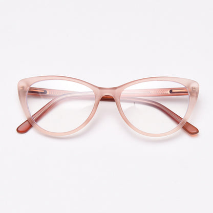 MieMie vintage-inspired cat-eye glasses with thick matte frames and spring hinges, featuring ALL-IN-ONE lenses that include Anti-blue, Anti-allergic, Anti-scratch, Anti-glare, and Oil-resistant coatings. Available in matte black, yellow, red, clear, iced tea, and grey, suitable for prescription or fashion wear.