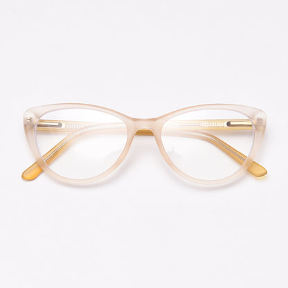 MieMie vintage-inspired cat-eye glasses with thick matte frames and spring hinges, featuring ALL-IN-ONE lenses that include Anti-blue, Anti-allergic, Anti-scratch, Anti-glare, and Oil-resistant coatings. Available in matte black, yellow, red, clear, iced tea, and grey, suitable for prescription or fashion wear.