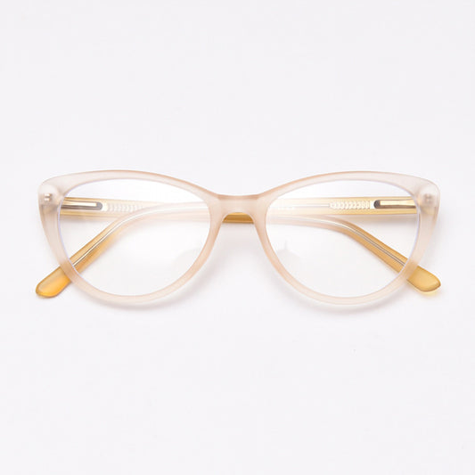 MieMie vintage-inspired cat-eye glasses with thick matte frames and spring hinges, featuring ALL-IN-ONE lenses that include Anti-blue, Anti-allergic, Anti-scratch, Anti-glare, and Oil-resistant coatings. Available in matte black, yellow, red, clear, iced tea, and grey, suitable for prescription or fashion wear.