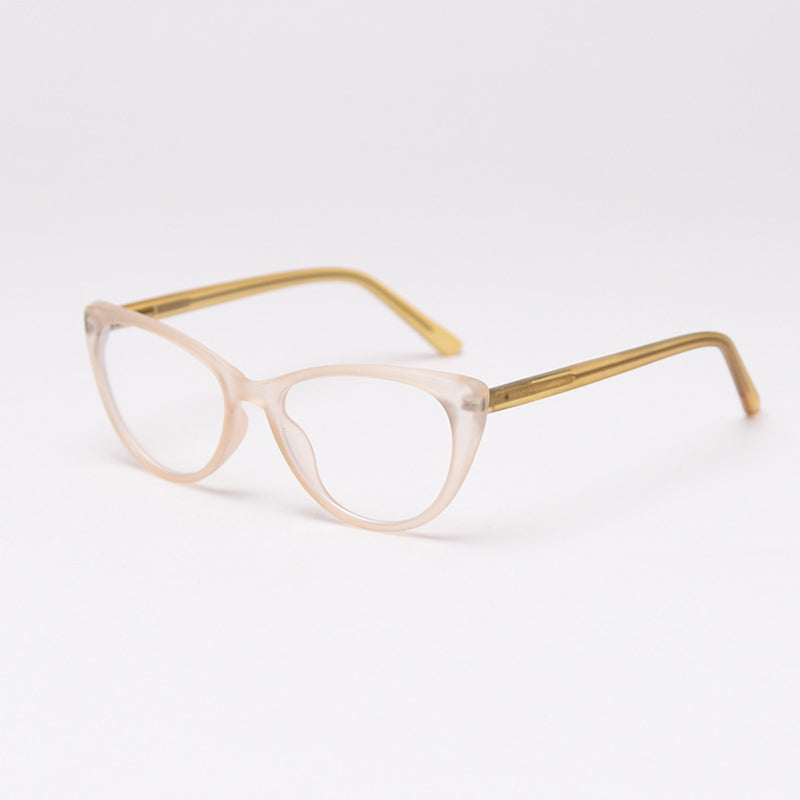 MieMie vintage-inspired cat-eye glasses with thick matte frames and spring hinges, featuring ALL-IN-ONE lenses that include Anti-blue, Anti-allergic, Anti-scratch, Anti-glare, and Oil-resistant coatings. Available in matte black, yellow, red, clear, iced tea, and grey, suitable for prescription or fashion wear.