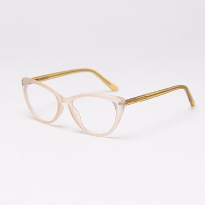 MieMie vintage-inspired cat-eye glasses with thick matte frames and spring hinges, featuring ALL-IN-ONE lenses that include Anti-blue, Anti-allergic, Anti-scratch, Anti-glare, and Oil-resistant coatings. Available in matte black, yellow, red, clear, iced tea, and grey, suitable for prescription or fashion wear.