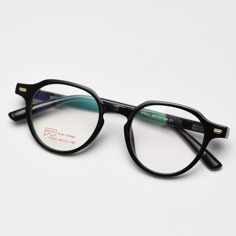 MieMie bold round glasses with retro-chic style and ALL-IN-ONE lenses: Anti-blue, Anti-glare, Anti-scratch, Anti-allergic, and Oil-resistant. Available in pink, black, grey, gradient brown, brown, and blue. Perfect for prescription or fashion wear.