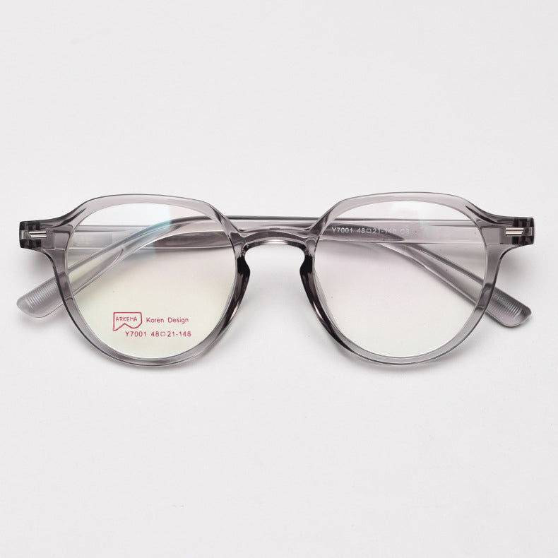 MieMie bold round glasses with retro-chic style and ALL-IN-ONE lenses: Anti-blue, Anti-glare, Anti-scratch, Anti-allergic, and Oil-resistant. Available in pink, black, grey, gradient brown, brown, and blue. Perfect for prescription or fashion wear.