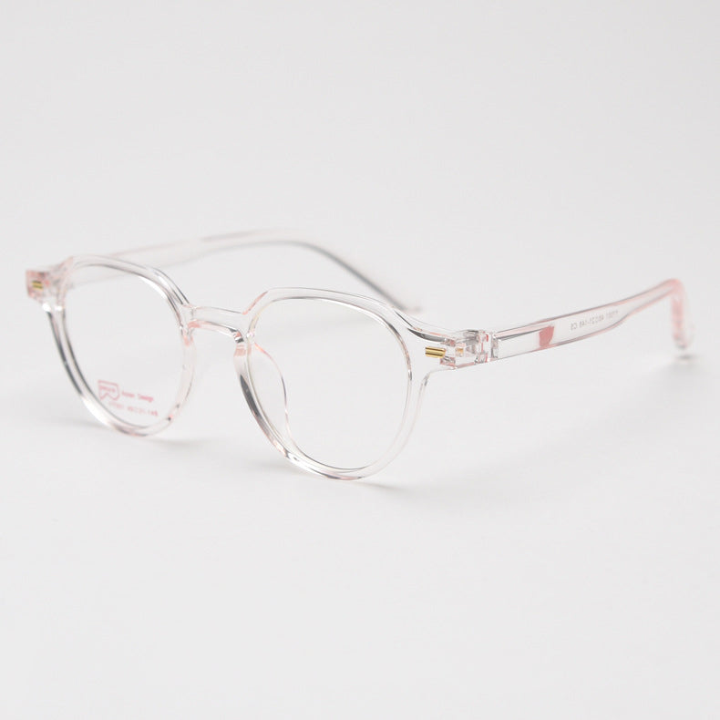 MieMie bold round glasses with retro-chic style and ALL-IN-ONE lenses: Anti-blue, Anti-glare, Anti-scratch, Anti-allergic, and Oil-resistant. Available in pink, black, grey, gradient brown, brown, and blue. Perfect for prescription or fashion wear.