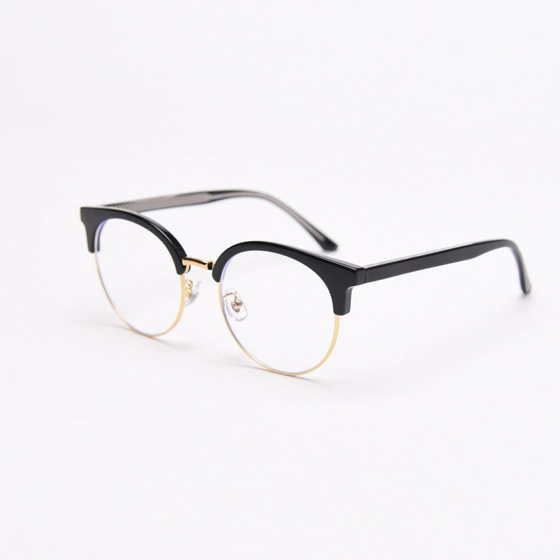 MieMie trendy PR006 round semi-rim browline eyeglasses frames, perfect for men and women. Lightweight TR90 material and stylish, available in colors like Orange, Black, Grey, Clear. Features ALL-IN-ONE lenses with multi-layer coatings: Anti-blue, Anti-allergic, Anti-scratch, Anti-glare, and Oil-resistant.