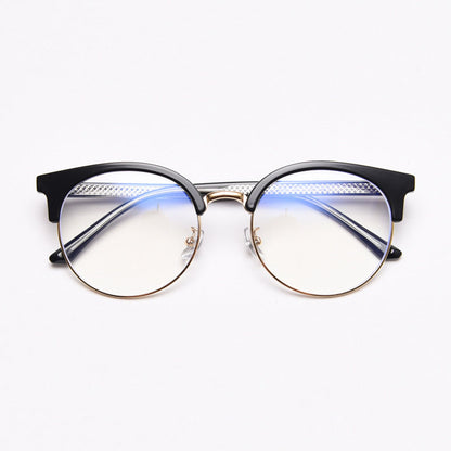 MieMie trendy PR006 round semi-rim browline eyeglasses frames, perfect for men and women. Lightweight TR90 material and stylish, available in colors like Orange, Black, Grey, Clear. Features ALL-IN-ONE lenses with multi-layer coatings: Anti-blue, Anti-allergic, Anti-scratch, Anti-glare, and Oil-resistant.