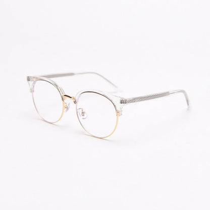 MieMie trendy PR006 round semi-rim browline eyeglasses frames, perfect for men and women. Lightweight TR90 material and stylish, available in colors like Orange, Black, Grey, Clear. Features ALL-IN-ONE lenses with multi-layer coatings: Anti-blue, Anti-allergic, Anti-scratch, Anti-glare, and Oil-resistant.