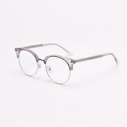 MieMie trendy PR006 round semi-rim browline eyeglasses frames, perfect for men and women. Lightweight TR90 material and stylish, available in colors like Orange, Black, Grey, Clear. Features ALL-IN-ONE lenses with multi-layer coatings: Anti-blue, Anti-allergic, Anti-scratch, Anti-glare, and Oil-resistant.