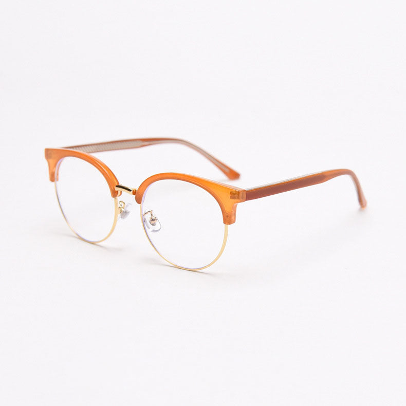 MieMie trendy PR006 round semi-rim browline eyeglasses frames, perfect for men and women. Lightweight TR90 material and stylish, available in colors like Orange, Black, Grey, Clear. Features ALL-IN-ONE lenses with multi-layer coatings: Anti-blue, Anti-allergic, Anti-scratch, Anti-glare, and Oil-resistant.