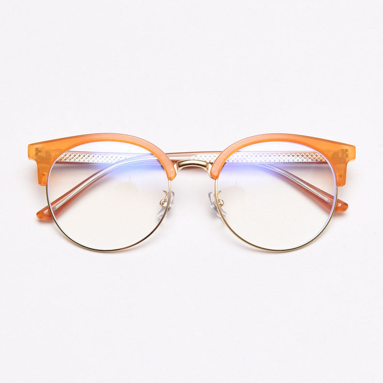 MieMie trendy PR006 round semi-rim browline eyeglasses frames, perfect for men and women. Lightweight TR90 material and stylish, available in colors like Orange, Black, Grey, Clear. Features ALL-IN-ONE lenses with multi-layer coatings: Anti-blue, Anti-allergic, Anti-scratch, Anti-glare, and Oil-resistant.