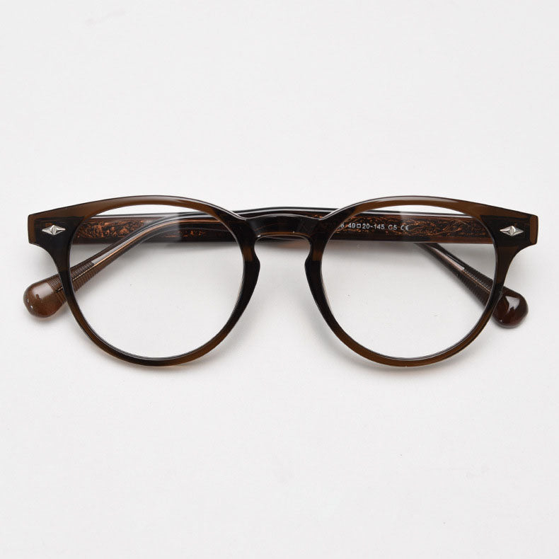 MieMie PR008 round vintage eyeglasses frame, perfect for a stylish look. These small, lightweight frames made from TR90 material. Features ALL-IN-ONE lenses with multi-coating benefits like Anti-blue, Anti-scratch, and more, at no extra cost. Available in 5 colors: Black, Clear, Green, Grey, Brown