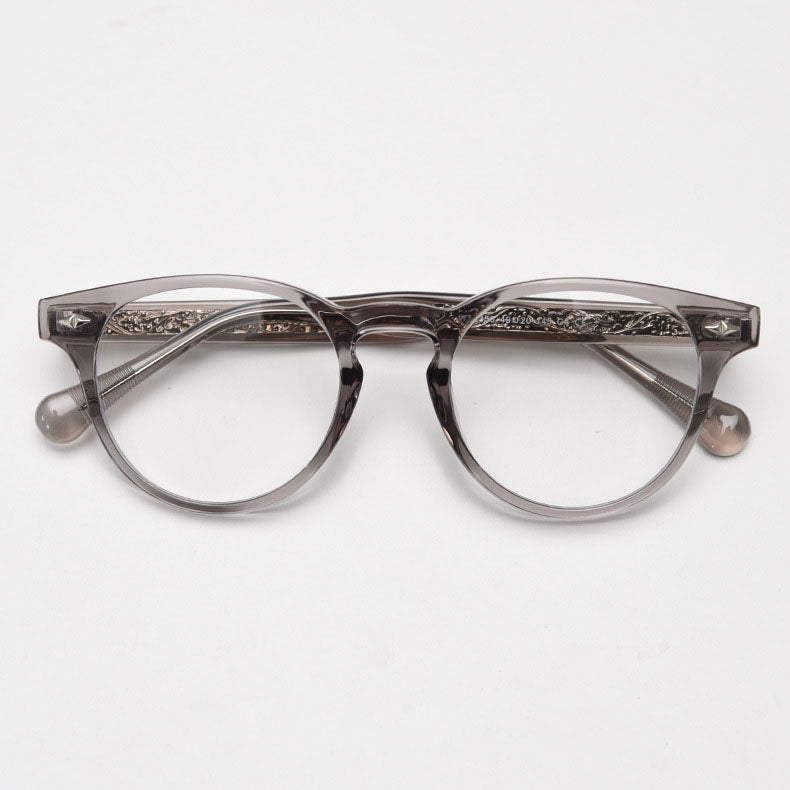 MieMie PR008 round vintage eyeglasses frame, perfect for a stylish look. These small, lightweight frames made from TR90 material. Features ALL-IN-ONE lenses with multi-coating benefits like Anti-blue, Anti-scratch, and more, at no extra cost. Available in 5 colors: Black, Clear, Green, Grey, Brown