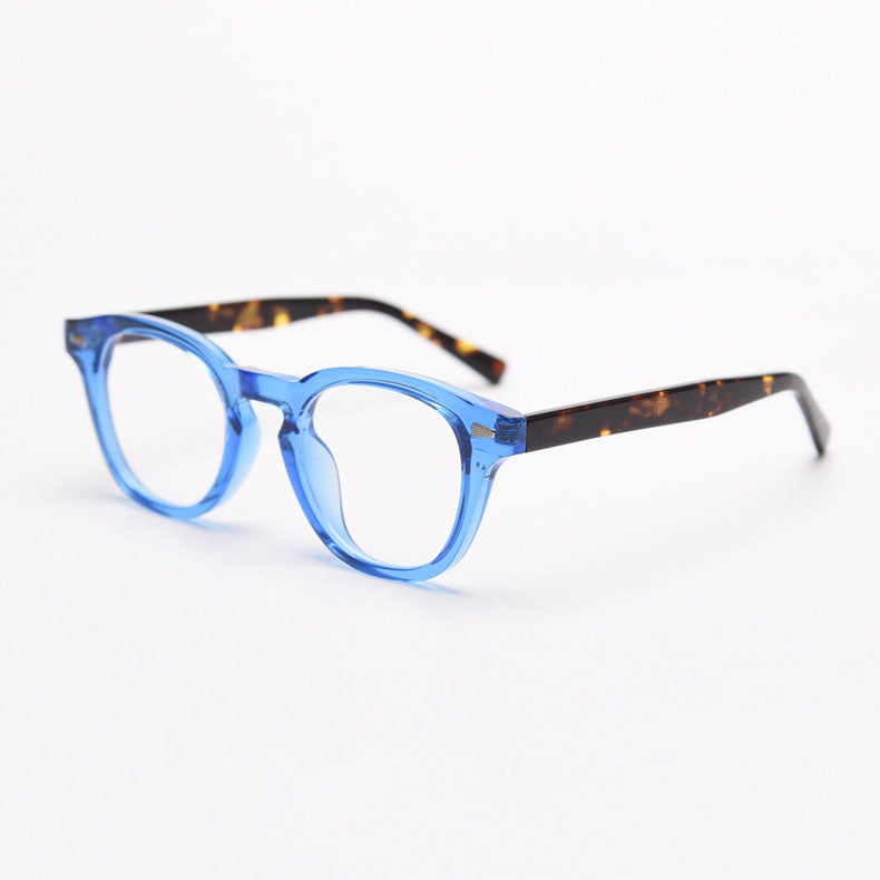 MieMie PR009 affordable TR90 material round vintage eyeglasses frame, perfect for a stylish look. Features ALL-IN-ONE lenses with multi-coating benefits like Anti-blue, Anti-scratch, and more, at no extra cost. Available in 6 colors: Blue Tortoise, Orange, Gradient Black, Grey, Clear, Brown