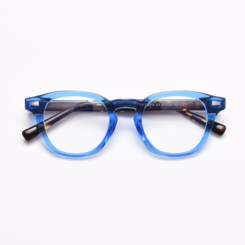 MieMie PR009 affordable TR90 material round vintage eyeglasses frame, perfect for a stylish look. Features ALL-IN-ONE lenses with multi-coating benefits like Anti-blue, Anti-scratch, and more, at no extra cost. Available in 6 colors: Blue Tortoise, Orange, Gradient Black, Grey, Clear, Brown