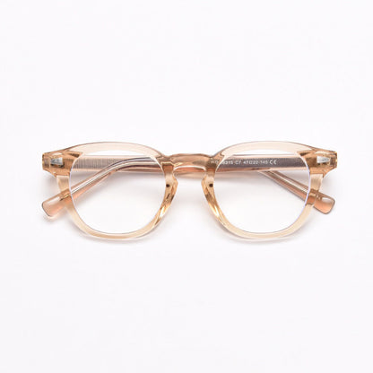 MieMie PR009 affordable TR90 material round vintage eyeglasses frame, perfect for a stylish look. Features ALL-IN-ONE lenses with multi-coating benefits like Anti-blue, Anti-scratch, and more, at no extra cost. Available in 6 colors: Blue Tortoise, Orange, Gradient Black, Grey, Clear, Brown