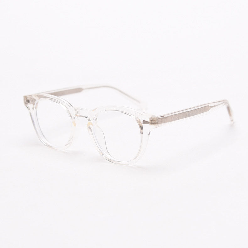 MieMie PR009 affordable TR90 material round vintage eyeglasses frame, perfect for a stylish look. Features ALL-IN-ONE lenses with multi-coating benefits like Anti-blue, Anti-scratch, and more, at no extra cost. Available in 6 colors: Blue Tortoise, Orange, Gradient Black, Grey, Clear, Brown