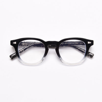 MieMie PR009 affordable TR90 material round vintage eyeglasses frame, perfect for a stylish look. Features ALL-IN-ONE lenses with multi-coating benefits like Anti-blue, Anti-scratch, and more, at no extra cost. Available in 6 colors: Blue Tortoise, Orange, Gradient Black, Grey, Clear, Brown