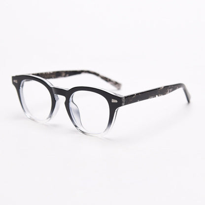 MieMie PR009 affordable TR90 material round vintage eyeglasses frame, perfect for a stylish look. Features ALL-IN-ONE lenses with multi-coating benefits like Anti-blue, Anti-scratch, and more, at no extra cost. Available in 6 colors: Blue Tortoise, Orange, Gradient Black, Grey, Clear, Brown