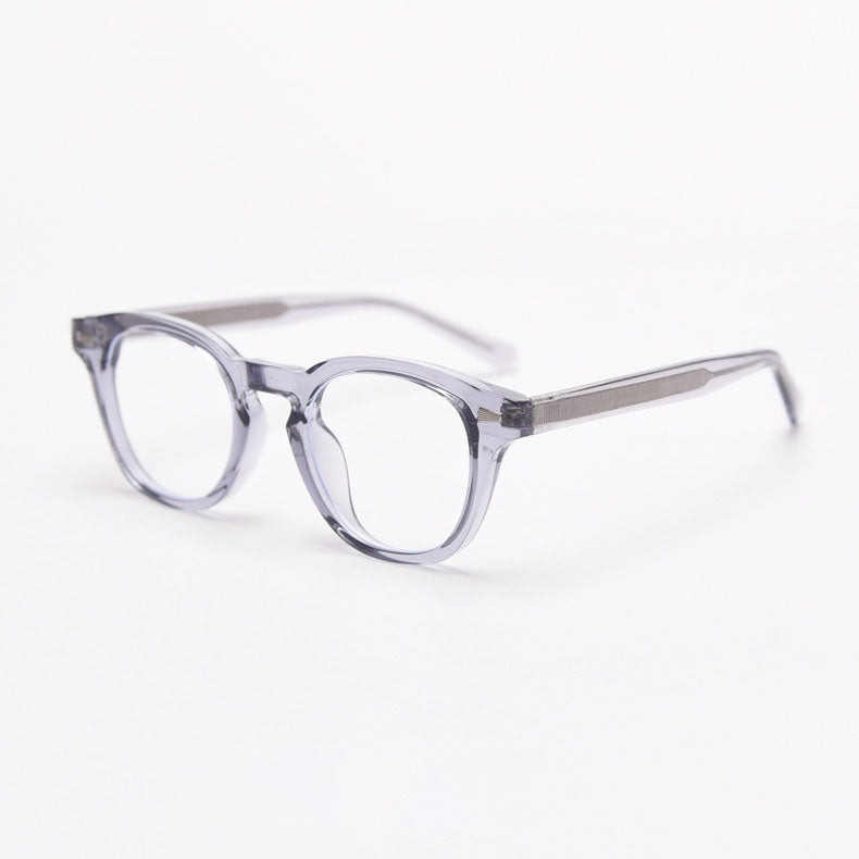 MieMie PR009 affordable TR90 material round vintage eyeglasses frame, perfect for a stylish look. Features ALL-IN-ONE lenses with multi-coating benefits like Anti-blue, Anti-scratch, and more, at no extra cost. Available in 6 colors: Blue Tortoise, Orange, Gradient Black, Grey, Clear, Brown