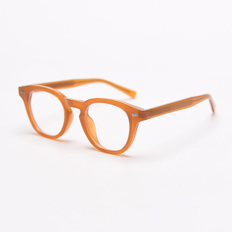 MieMie PR009 affordable TR90 material round vintage eyeglasses frame, perfect for a stylish look. Features ALL-IN-ONE lenses with multi-coating benefits like Anti-blue, Anti-scratch, and more, at no extra cost. Available in 6 colors: Blue Tortoise, Orange, Gradient Black, Grey, Clear, Brown