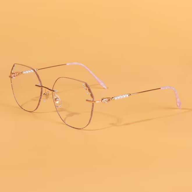 MieMie Shinning Pink Pearl-Embellished polygon glasses. Featuring durable Titanium frames in vibrant pink color. Our ALL-IN-ONE lenses offer blue light protection, anti-glare, and more at no extra cost. Perfect for fashion-forward Gen Z trendsetters!