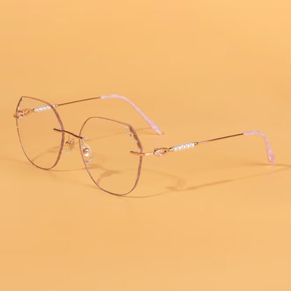 MieMie Shinning Pink Pearl-Embellished polygon glasses. Featuring durable Titanium frames in vibrant pink color. Our ALL-IN-ONE lenses offer blue light protection, anti-glare, and more at no extra cost. Perfect for fashion-forward Gen Z trendsetters!