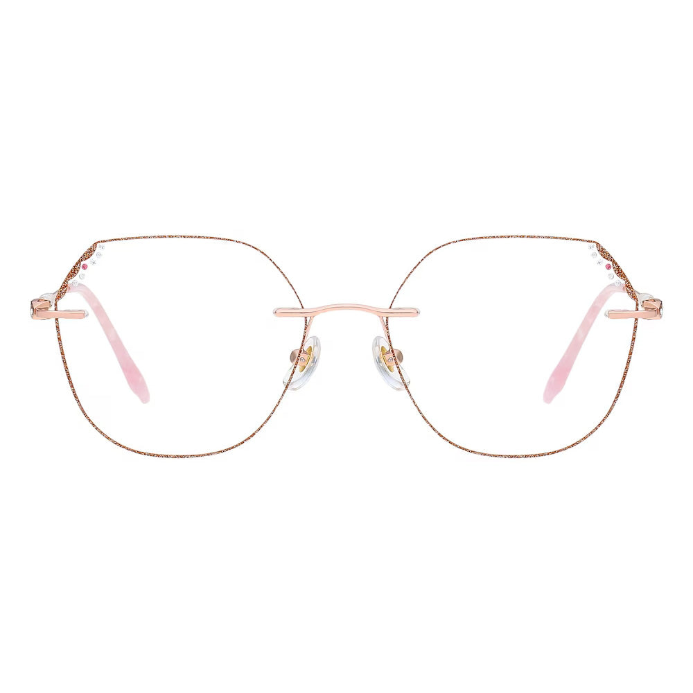 MieMie Shinning Pink Pearl-Embellished polygon glasses. Featuring durable Titanium frames in vibrant pink color. Our ALL-IN-ONE lenses offer blue light protection, anti-glare, and more at no extra cost. Perfect for fashion-forward Gen Z trendsetters!