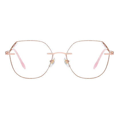 MieMie Shinning Pink Pearl-Embellished polygon glasses. Featuring durable Titanium frames in vibrant pink color. Our ALL-IN-ONE lenses offer blue light protection, anti-glare, and more at no extra cost. Perfect for fashion-forward Gen Z trendsetters!