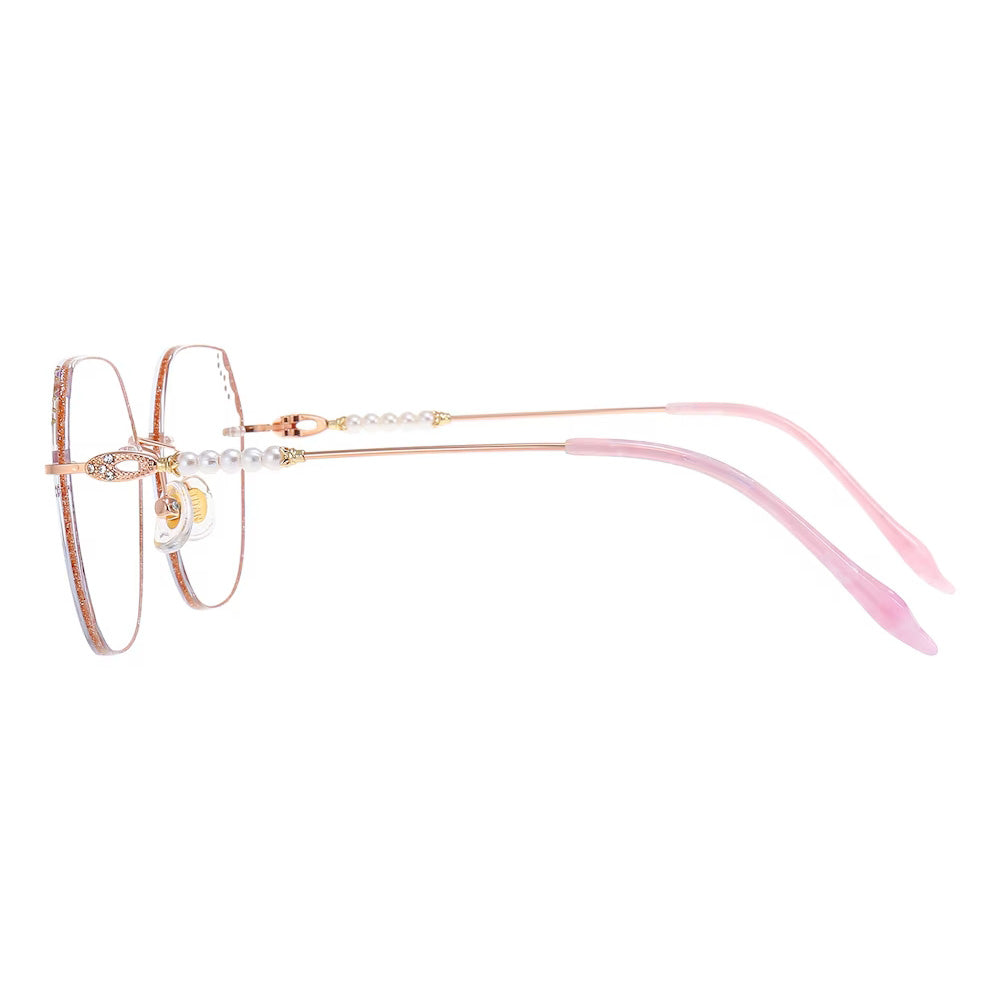 MieMie Shinning Pink Pearl-Embellished polygon glasses. Featuring durable Titanium frames in vibrant pink color. Our ALL-IN-ONE lenses offer blue light protection, anti-glare, and more at no extra cost. Perfect for fashion-forward Gen Z trendsetters!