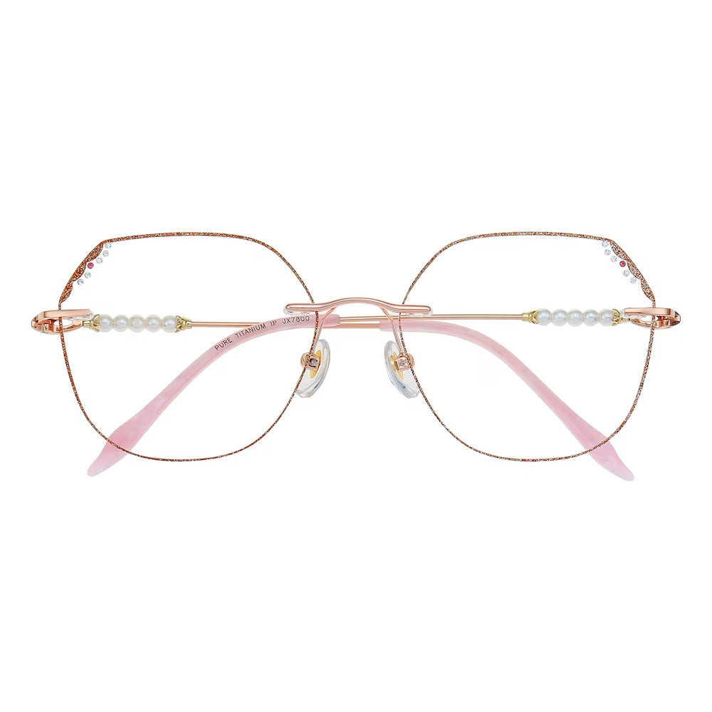 MieMie Shinning Pink Pearl-Embellished polygon glasses. Featuring durable Titanium frames in vibrant pink color. Our ALL-IN-ONE lenses offer blue light protection, anti-glare, and more at no extra cost. Perfect for fashion-forward Gen Z trendsetters!