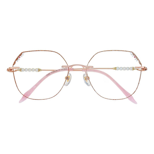 MieMie Shinning Pink Pearl-Embellished polygon glasses. Featuring durable Titanium frames in vibrant pink color. Our ALL-IN-ONE lenses offer blue light protection, anti-glare, and more at no extra cost. Perfect for fashion-forward Gen Z trendsetters!