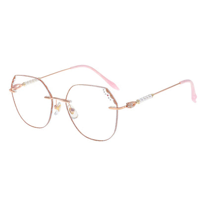 MieMie Shinning Pink Pearl-Embellished polygon glasses. Featuring durable Titanium frames in vibrant pink color. Our ALL-IN-ONE lenses offer blue light protection, anti-glare, and more at no extra cost. Perfect for fashion-forward Gen Z trendsetters!