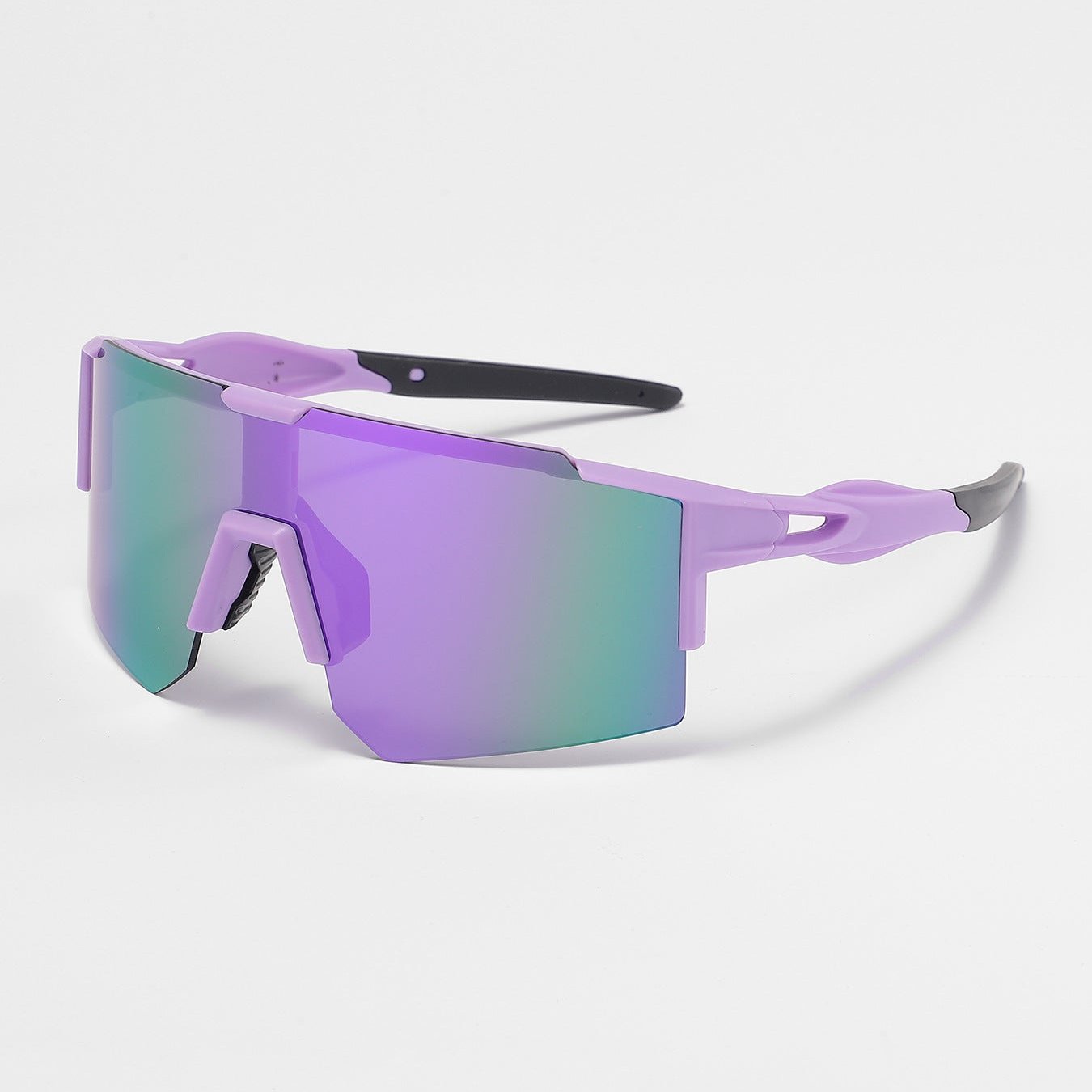 MieMie SP02 sports sunglasses---unparalleled performance with our premium, designed for athletes and outdoor enthusiasts. Enjoy lightweight comfort, and stylish designs that enhance visibility and reduce glare. Gear up for your next adventure with sport sunglasses. Made from PC material, comes in 6 colors: Purple, Blue, Green, Pink, White, Yellow