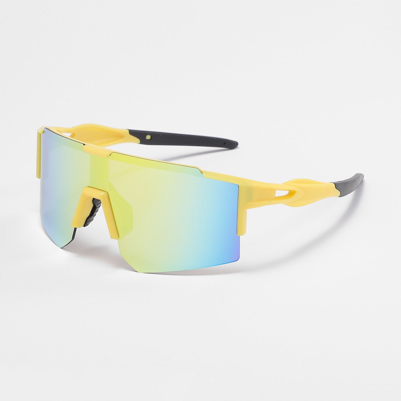 MieMie SP02 sports sunglasses---unparalleled performance with our premium, designed for athletes and outdoor enthusiasts. Enjoy lightweight comfort, and stylish designs that enhance visibility and reduce glare. Gear up for your next adventure with sport sunglasses. Made from PC material, comes in 6 colors: Purple, Blue, Green, Pink, White, Yellow