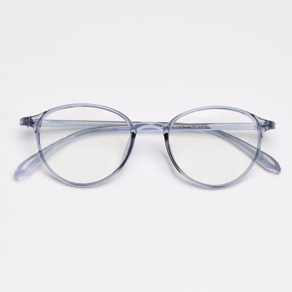 MieMie TR90 thin oval eyeglass frames available in multiple colors, including Black, Red Wine, Blue, Grey, Brown, Sky Blue, Oat Milk, Dark Brown, and Tortoise. Features ALL-IN-ONE lenses with multi-coating benefits: Anti-blue, Anti-allergic, Anti-scratch, Anti-glare, and Oil-resistant, suitable for both prescription and fashion wear.