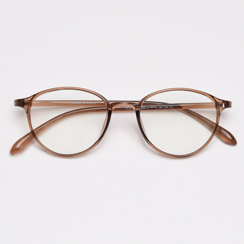 MieMie TR90 thin oval eyeglass frames available in multiple colors, including Black, Red Wine, Blue, Grey, Brown, Sky Blue, Oat Milk, Dark Brown, and Tortoise. Features ALL-IN-ONE lenses with multi-coating benefits: Anti-blue, Anti-allergic, Anti-scratch, Anti-glare, and Oil-resistant, suitable for both prescription and fashion wear.