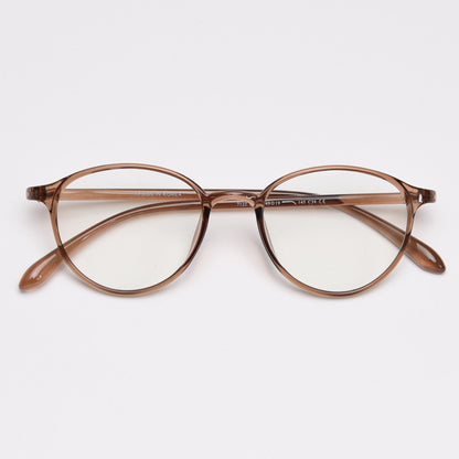 MieMie TR90 thin oval eyeglass frames available in multiple colors, including Black, Red Wine, Blue, Grey, Brown, Sky Blue, Oat Milk, Dark Brown, and Tortoise. Features ALL-IN-ONE lenses with multi-coating benefits: Anti-blue, Anti-allergic, Anti-scratch, Anti-glare, and Oil-resistant, suitable for both prescription and fashion wear.