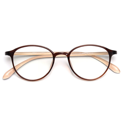 MieMie TR90 thin oval eyeglass frames available in multiple colors, including Black, Red Wine, Blue, Grey, Brown, Sky Blue, Oat Milk, Dark Brown, and Tortoise. Features ALL-IN-ONE lenses with multi-coating benefits: Anti-blue, Anti-allergic, Anti-scratch, Anti-glare, and Oil-resistant, suitable for both prescription and fashion wear.