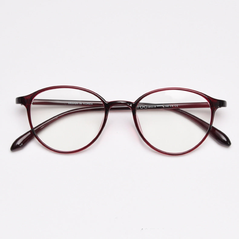 MieMie TR90 thin oval eyeglass frames available in multiple colors, including Black, Red Wine, Blue, Grey, Brown, Sky Blue, Oat Milk, Dark Brown, and Tortoise. Features ALL-IN-ONE lenses with multi-coating benefits: Anti-blue, Anti-allergic, Anti-scratch, Anti-glare, and Oil-resistant, suitable for both prescription and fashion wear.