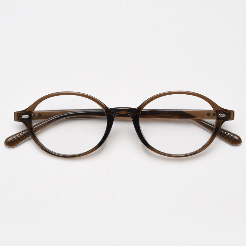 MieMie Affordable light TR90 vintage oval eyeglass frame, brown, black, gray, green, khaki, tortoise, featuring ALL-IN-ONE multi-coated lenses for anti-blue, anti-scratch, and oil-resistant protection.