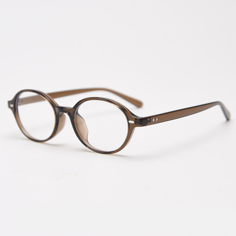 MieMie Affordable light TR90 vintage oval eyeglass frame, brown, black, gray, green, khaki, tortoise, featuring ALL-IN-ONE multi-coated lenses for anti-blue, anti-scratch, and oil-resistant protection.