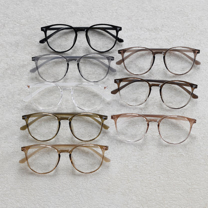 TR90 round frames in glossy black, transparent gray, white, olive green, coffee, cool-tone tea, gradient tea, and gradient coffee. Features ALL-IN-ONE lenses with multi-layer coatings: Anti-blue, Anti-allergic, scratch-resistant, anti-glare, and oil-resistant.