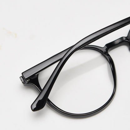 TR90 round frames in glossy black, transparent gray, white, olive green, coffee, cool-tone tea, gradient tea, and gradient coffee. Features ALL-IN-ONE lenses with multi-layer coatings: Anti-blue, Anti-allergic, scratch-resistant, anti-glare, and oil-resistant.