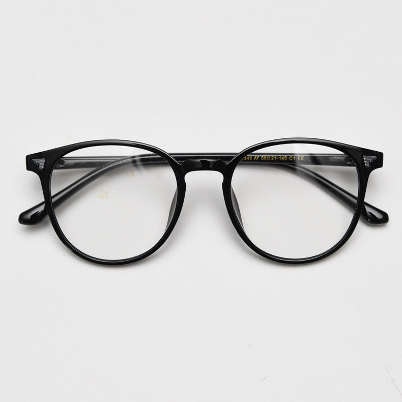 TR90 round frames in glossy black, transparent gray, white, olive green, coffee, cool-tone tea, gradient tea, and gradient coffee. Features ALL-IN-ONE lenses with multi-layer coatings: Anti-blue, Anti-allergic, scratch-resistant, anti-glare, and oil-resistant.