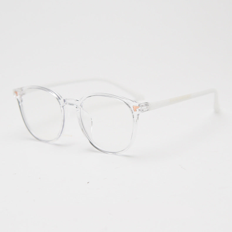 TR90 round frames in glossy black, transparent gray, white, olive green, coffee, cool-tone tea, gradient tea, and gradient coffee. Features ALL-IN-ONE lenses with multi-layer coatings: Anti-blue, Anti-allergic, scratch-resistant, anti-glare, and oil-resistant.