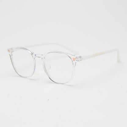 TR90 round frames in glossy black, transparent gray, white, olive green, coffee, cool-tone tea, gradient tea, and gradient coffee. Features ALL-IN-ONE lenses with multi-layer coatings: Anti-blue, Anti-allergic, scratch-resistant, anti-glare, and oil-resistant.