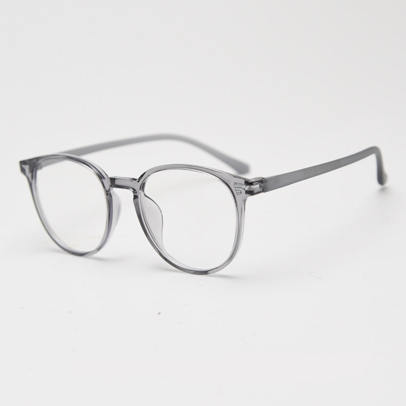 TR90 round frames in glossy black, transparent gray, white, olive green, coffee, cool-tone tea, gradient tea, and gradient coffee. Features ALL-IN-ONE lenses with multi-layer coatings: Anti-blue, Anti-allergic, scratch-resistant, anti-glare, and oil-resistant.