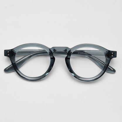 Affordable vintage-inspired TR90 round eyeglass frames with wide rims in black, green, olive-green, coffee, blue, grey, tortoise colors, suitable for prescription glasses. Equipped with ALL-IN-ONE lenses featuring Anti-blue, Anti-allergic, scratch-resistant, anti-glare, and oil-resistant coatings.