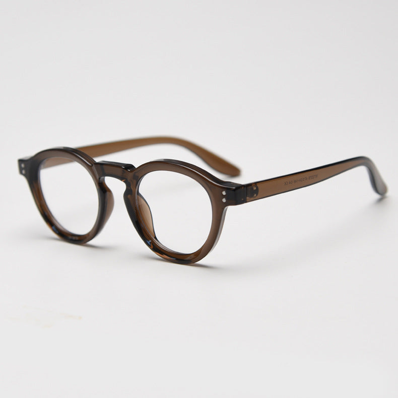 Affordable vintage-inspired TR90 round eyeglass frames with wide rims in black, green, olive-green, coffee, blue, grey, tortoise colors, suitable for prescription glasses. Equipped with ALL-IN-ONE lenses featuring Anti-blue, Anti-allergic, scratch-resistant, anti-glare, and oil-resistant coatings.