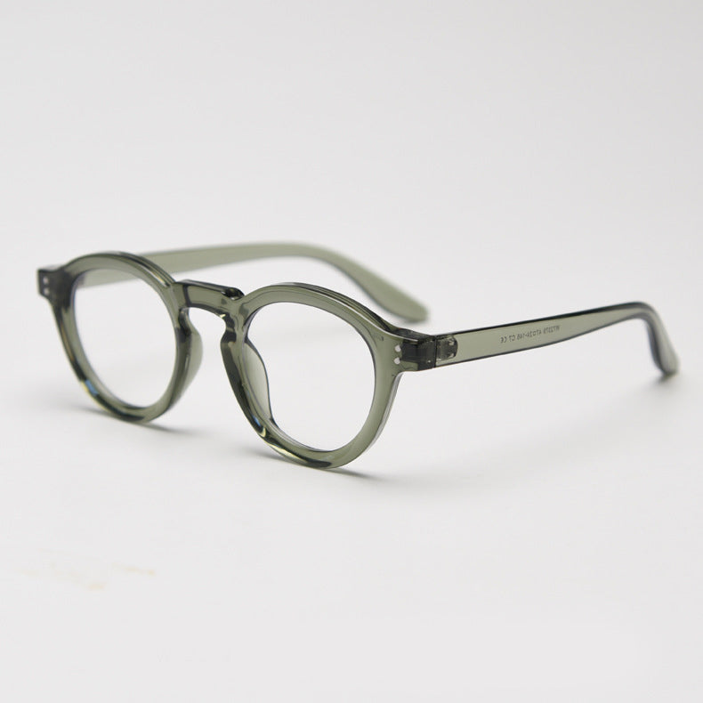 Affordable vintage-inspired TR90 round eyeglass frames with wide rims in black, green, olive-green, coffee, blue, grey, tortoise colors, suitable for prescription glasses. Equipped with ALL-IN-ONE lenses featuring Anti-blue, Anti-allergic, scratch-resistant, anti-glare, and oil-resistant coatings.